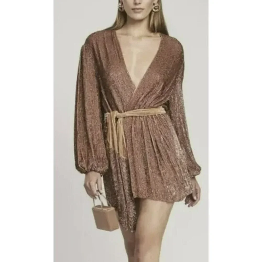 Retrofete $635 Bronze Mini Dress Gabrielle Sequin Velvet Belted Wrap NWT Medium
